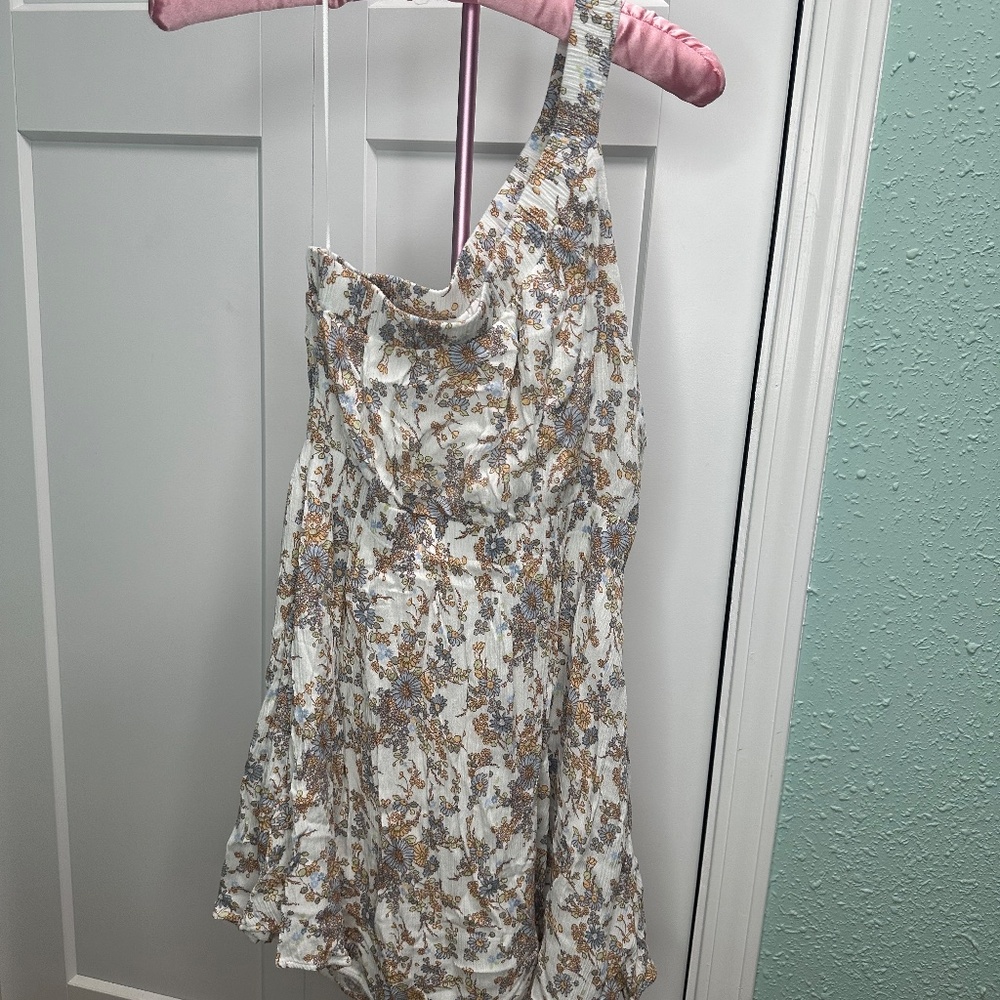 Abercrombie & Fitch Floral Mini dress Cream Blue, one shoulder small spring chic - Picture 3 of 4